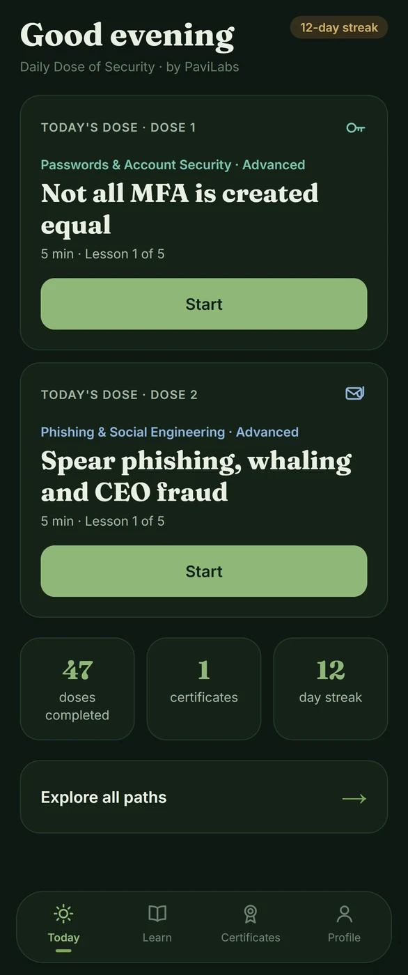 Daily Dose of Security: the Today screen with the daily dose, in dark mode